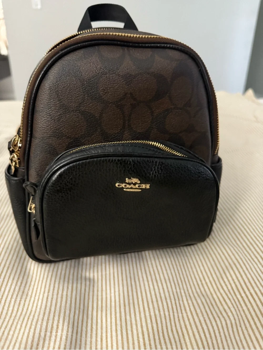 Coach Mini Backpack in Brown Signature and Black Leather